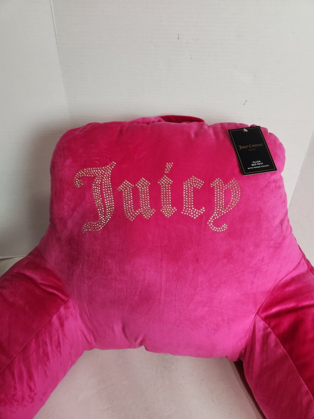 NWT Juicy Couture Home Hot Pink Plush Bed Rest Pillow Backrest w/Phone Pocket - Picture 2 of 16